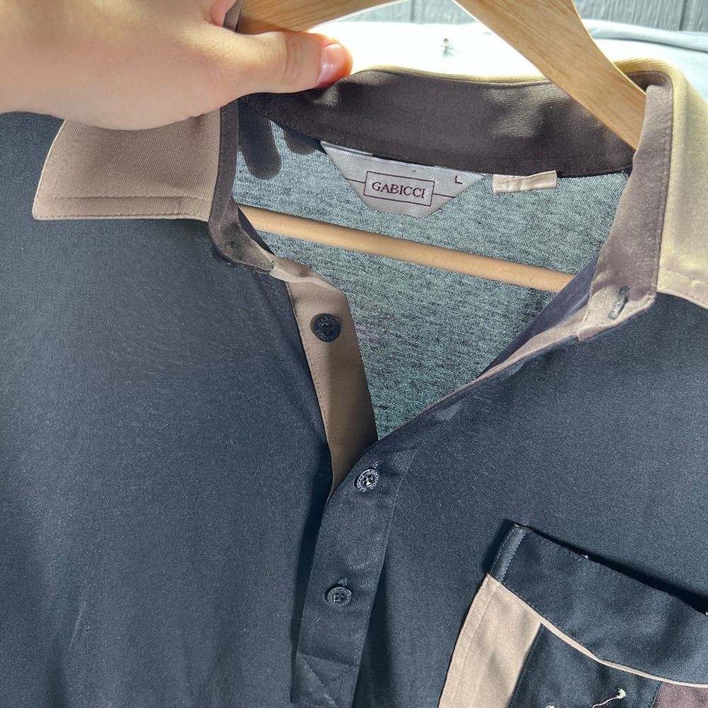 Vintage Gabicci Polo Shirt Mens Large Long Sleeve Sheer Paper Thin Disco Black